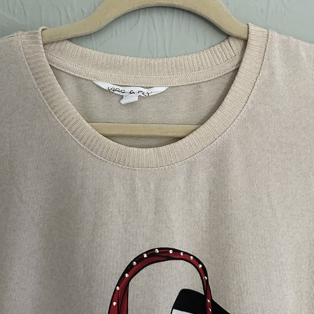 Kiss & Fly 3/4 Sleeve Coffee Purse Shoes Graphic Design Pullover Top Sz XL - Picture 3 of 6